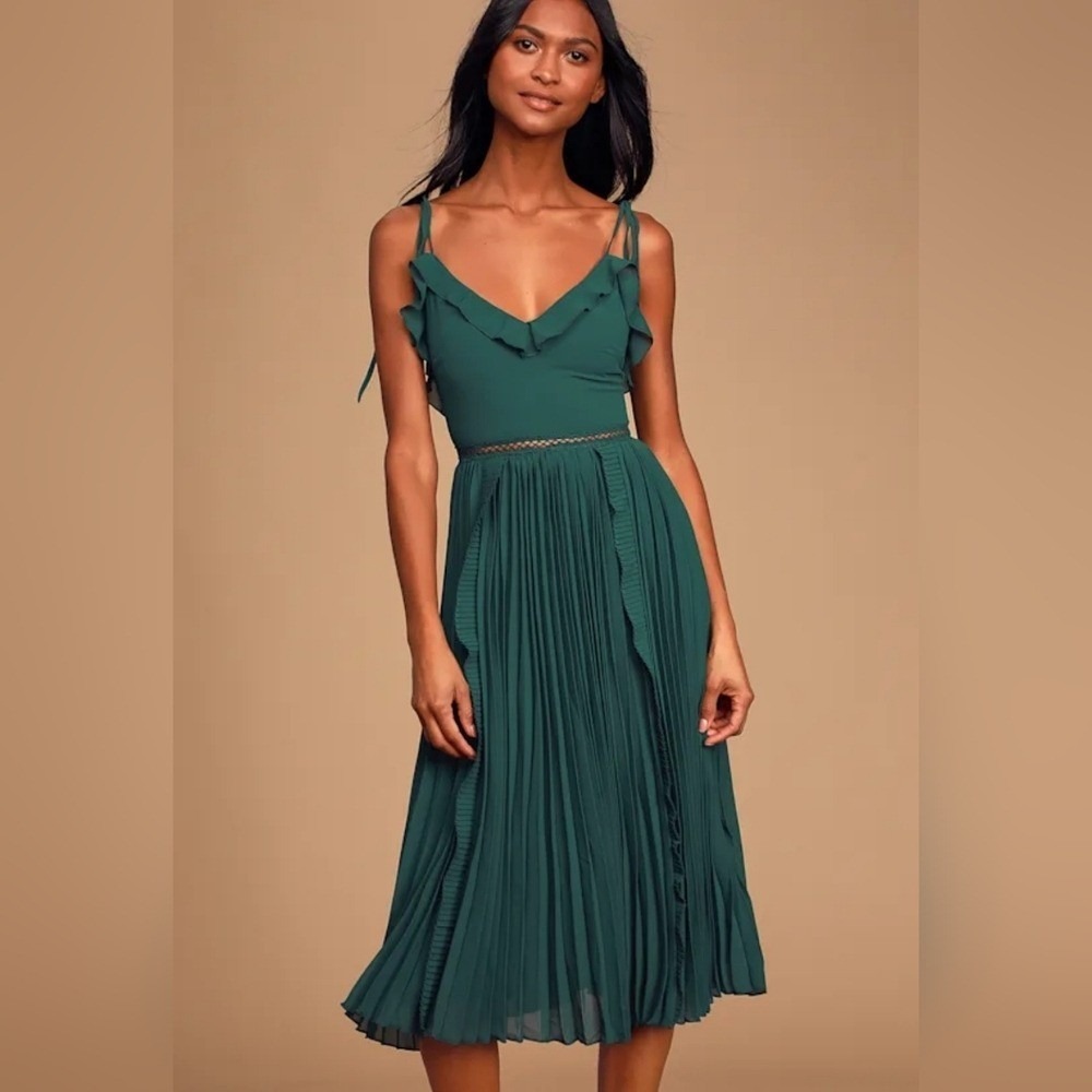 NWT $69 Lulus Never A Dull Moment Emerald Green‎ Pleated Midi Dress Womens XXS